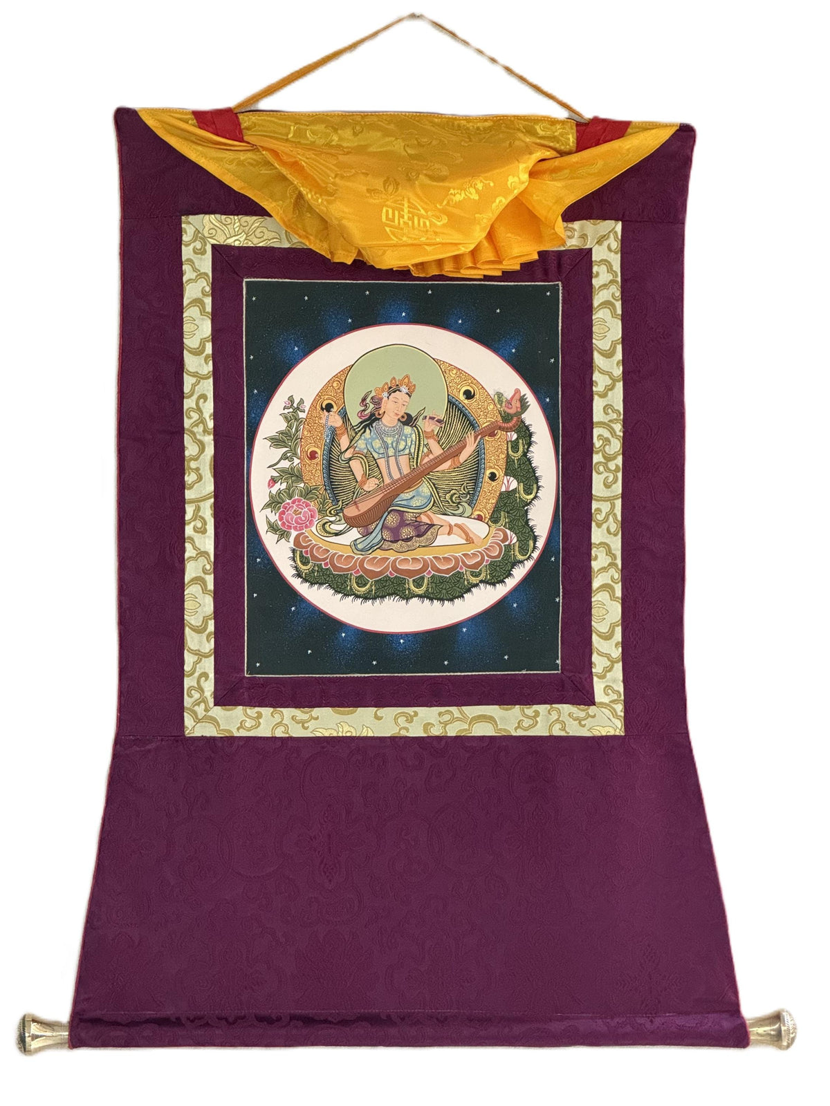 Mother Saraswati Thangka with Silk Brocade | Hand-Painted Hindu Goddess of Wisdom Art