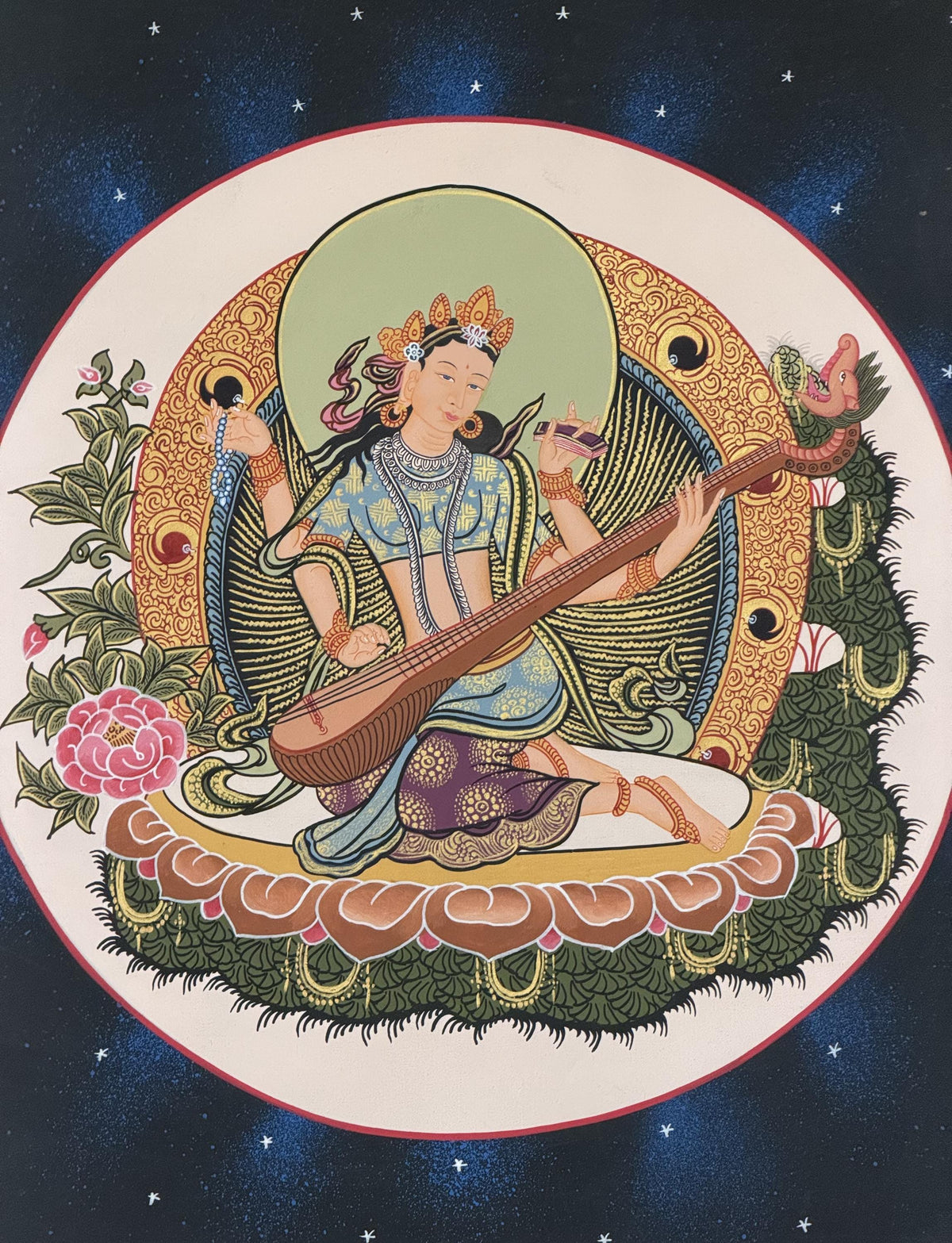 Mother Saraswati Thangka with Silk Brocade | Hand-Painted Hindu Goddess of Wisdom Art