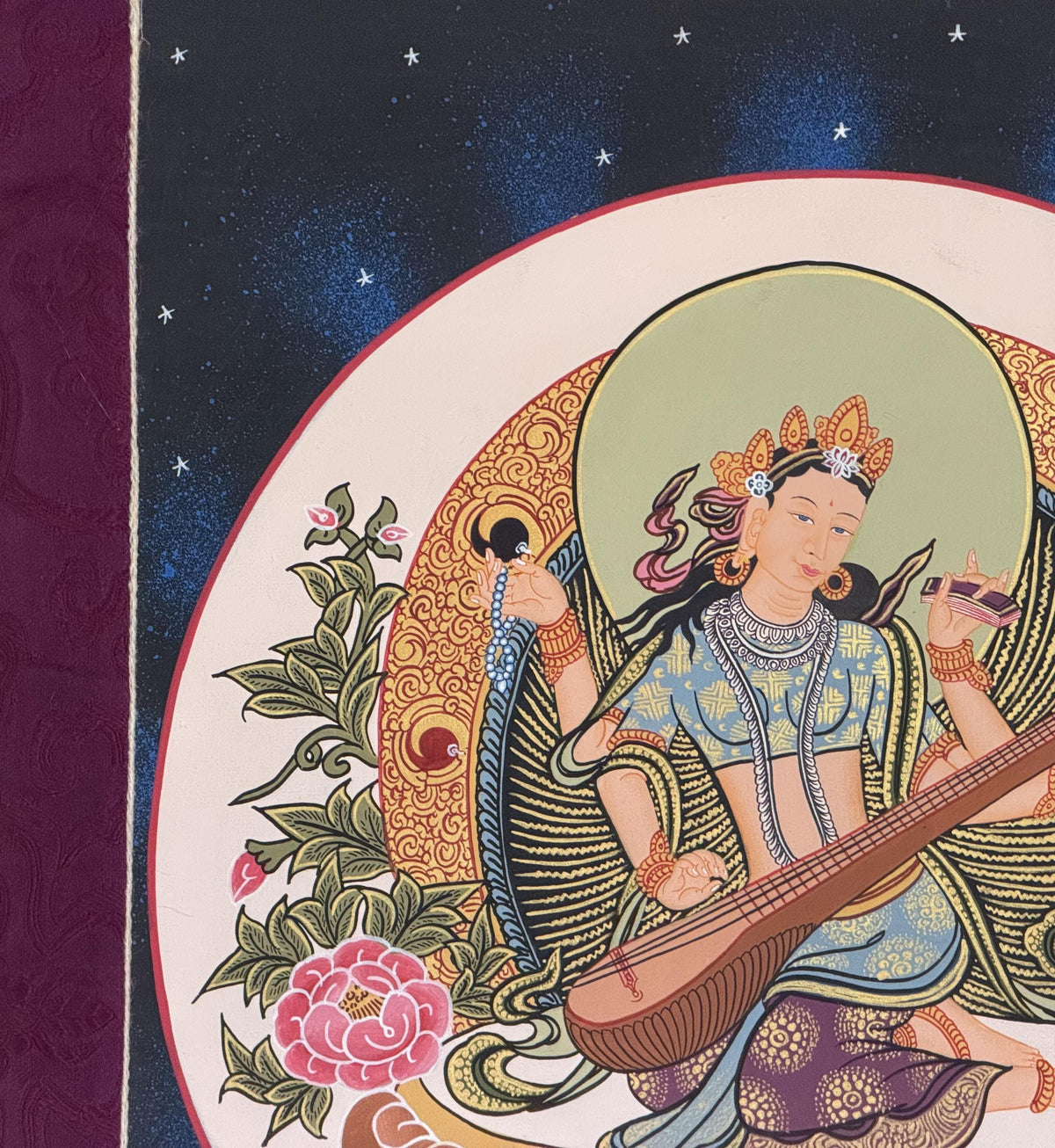 Mother Saraswati Thangka with Silk Brocade | Hand-Painted Hindu Goddess of Wisdom Art