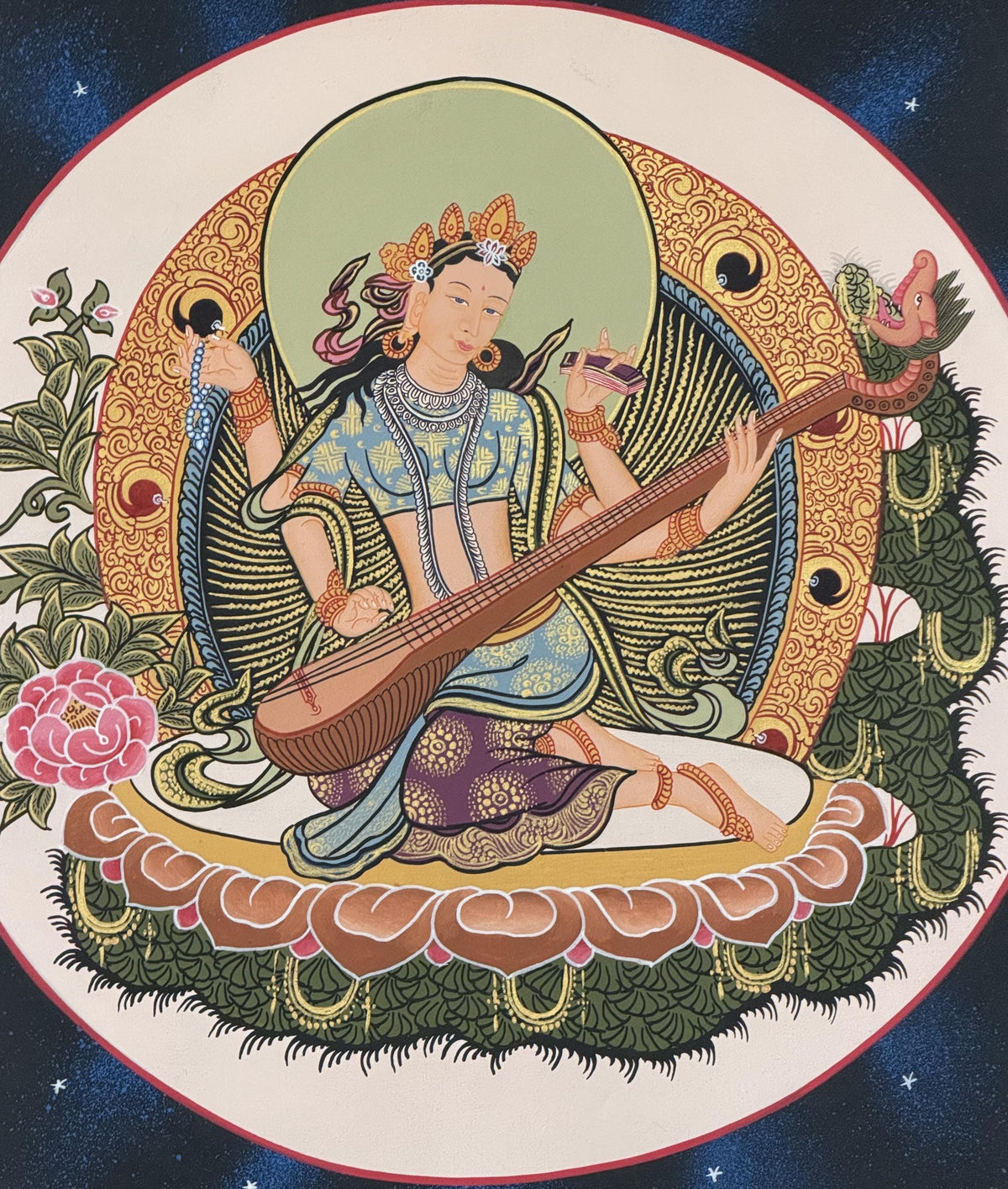 Mother Saraswati Thangka with Silk Brocade | Hand-Painted Hindu Goddess of Wisdom Art