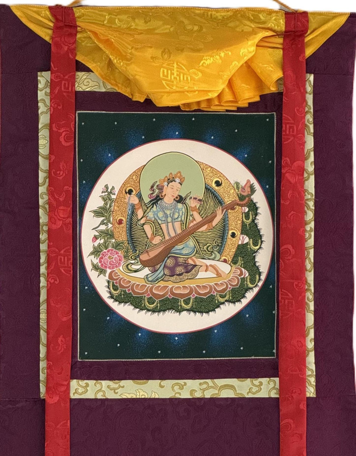 Mother Saraswati Thangka with Silk Brocade | Hand-Painted Hindu Goddess of Wisdom Art