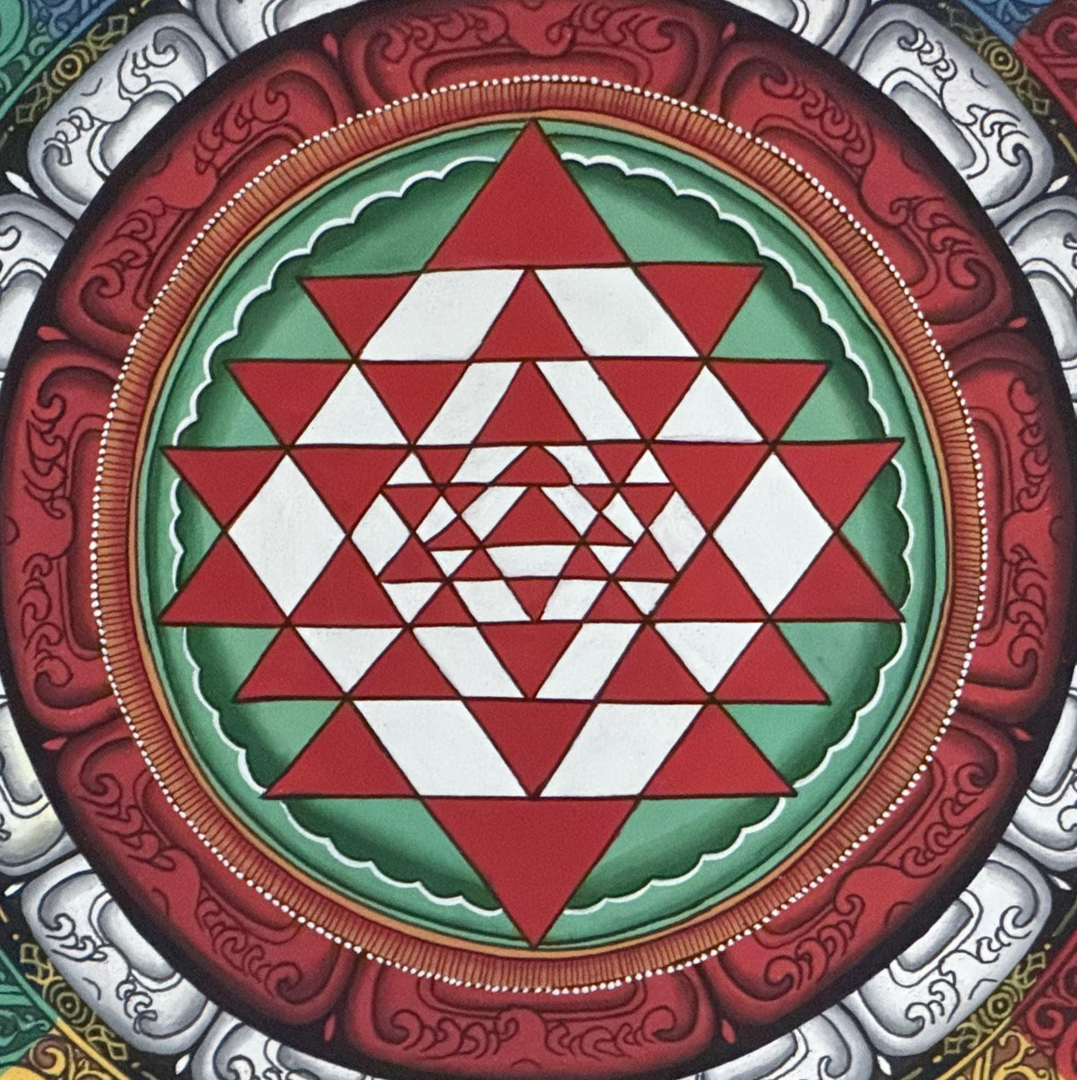 Hand-Painted Sri Yantra Thangka Painting with Silk Frame
