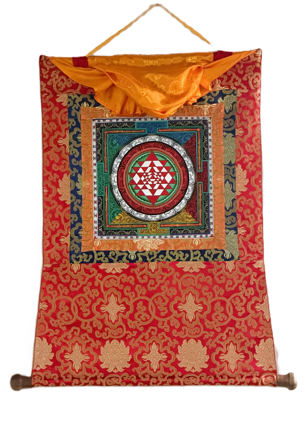 Hand-Painted Sri Yantra Thangka Painting with Silk Frame