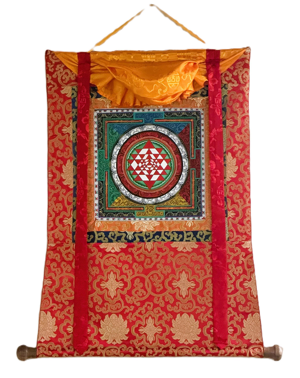 Hand-Painted Sri Yantra Thangka Painting with Silk Frame