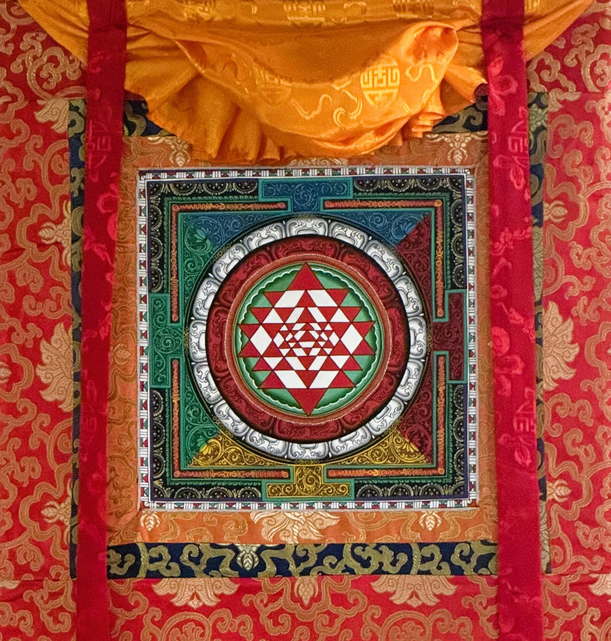 Hand-Painted Sri Yantra Thangka Painting with Silk Frame