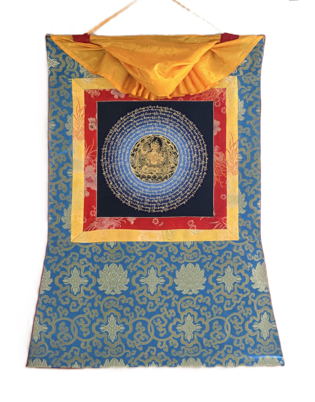 Manjushri Om Mani Padme Hum Mandala Thangka | Hand-Painted Tibetan Buddhist Wisdom Art with Silk Brocade