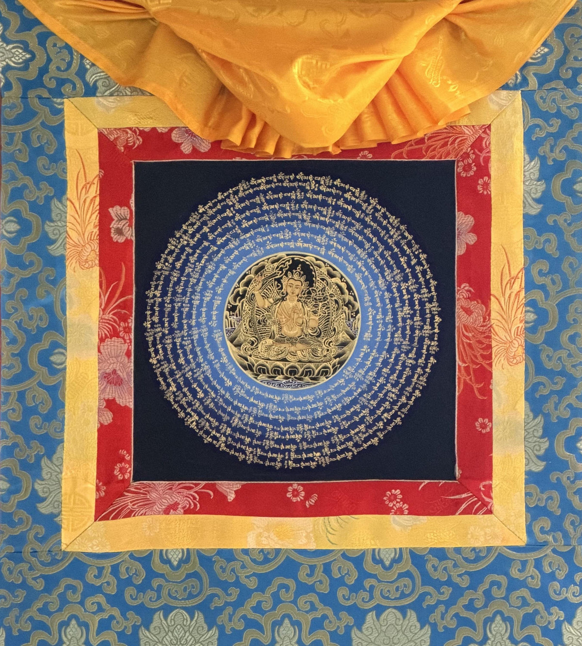 Manjushri Om Mani Padme Hum Mandala Thangka | Hand-Painted Tibetan Buddhist Wisdom Art with Silk Brocade
