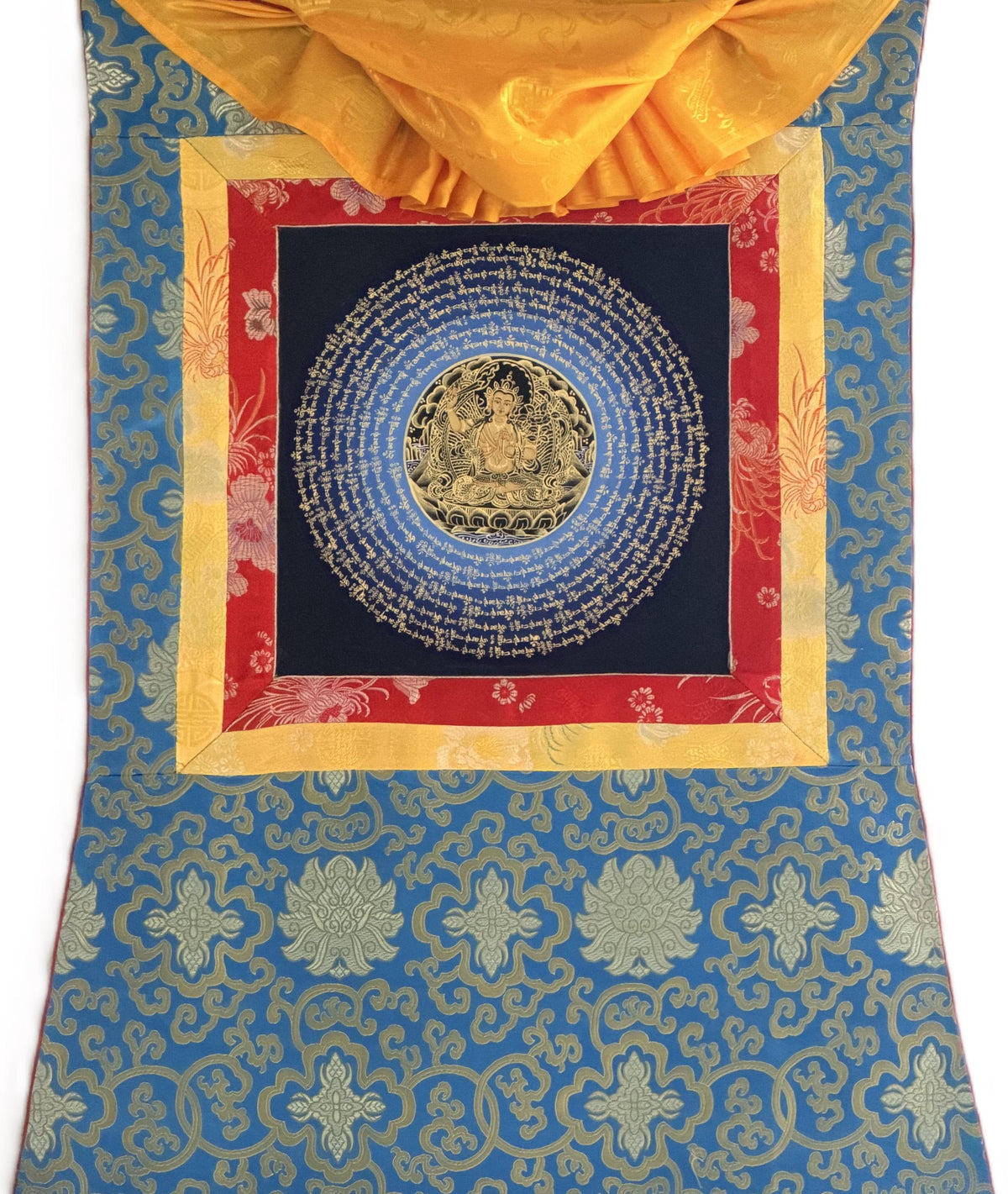 Manjushri Om Mani Padme Hum Mandala Thangka | Hand-Painted Tibetan Buddhist Wisdom Art with Silk Brocade