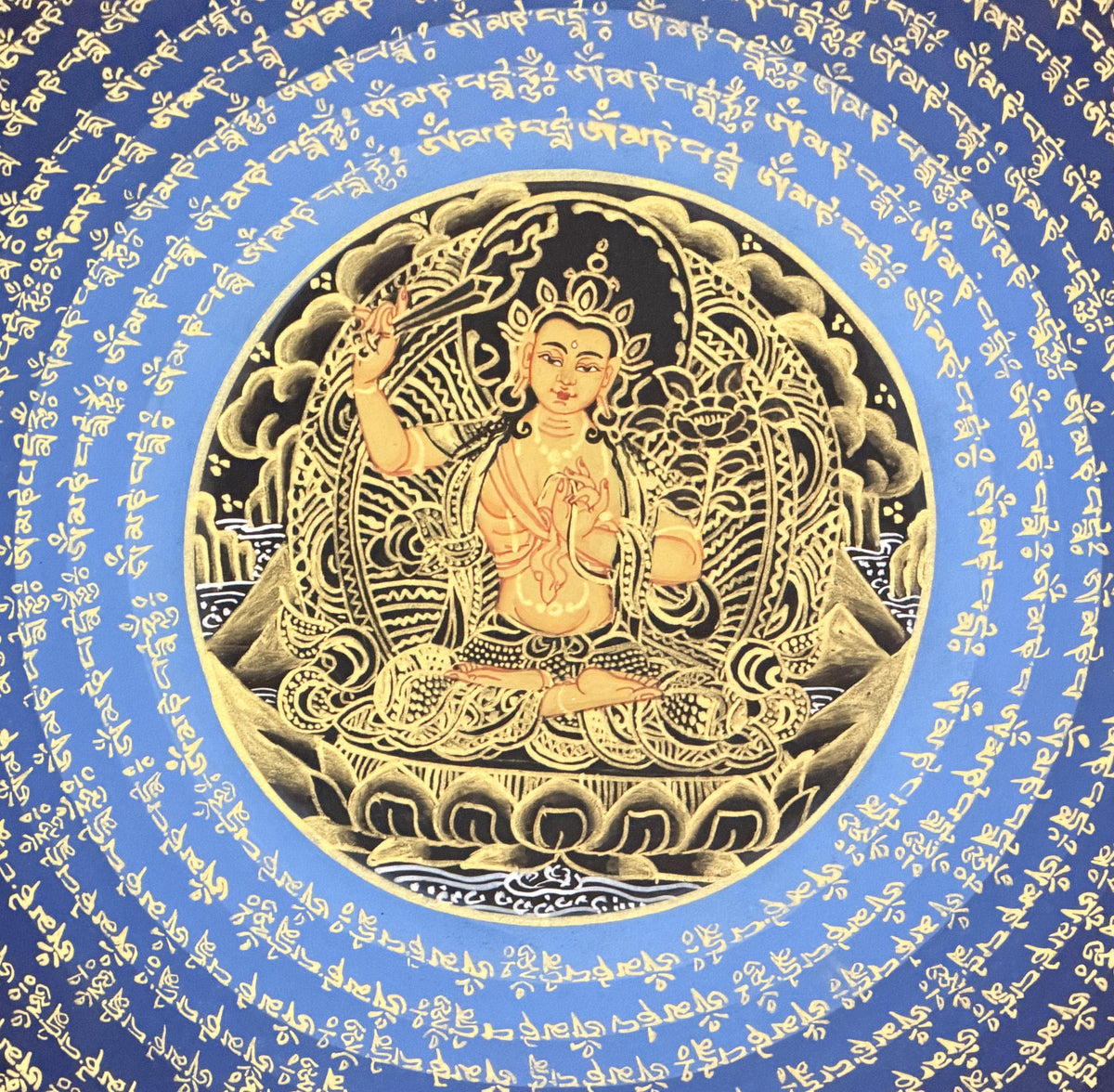 Manjushri Om Mani Padme Hum Mandala Thangka | Hand-Painted Tibetan Buddhist Wisdom Art with Silk Brocade