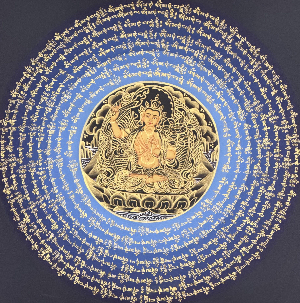 Manjushri Om Mani Padme Hum Mandala Thangka | Hand-Painted Tibetan Buddhist Wisdom Art with Silk Brocade