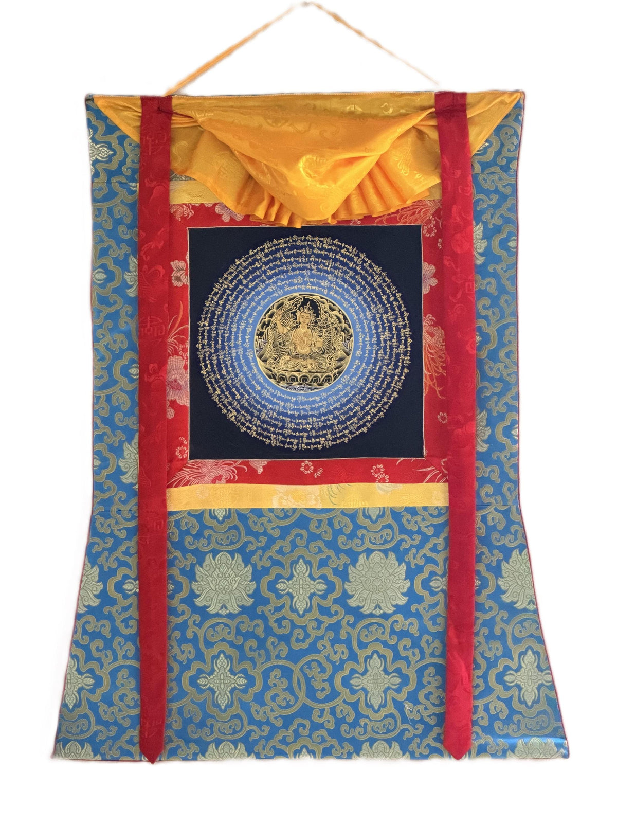 Manjushri Om Mani Padme Hum Mandala Thangka | Hand-Painted Tibetan Buddhist Wisdom Art with Silk Brocade