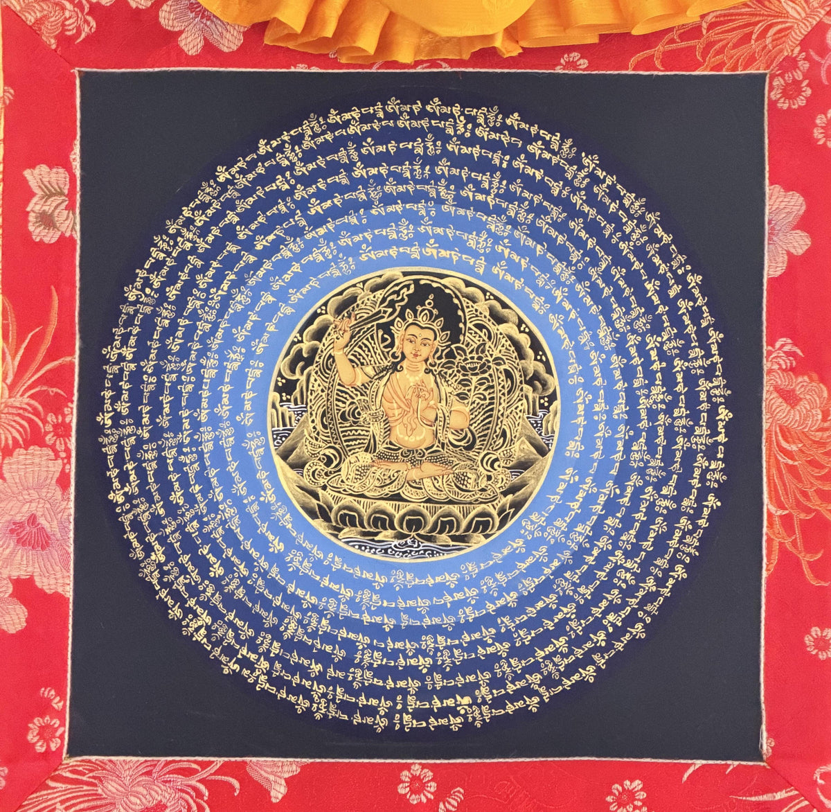 Manjushri Om Mani Padme Hum Mandala Thangka | Hand-Painted Tibetan Buddhist Wisdom Art with Silk Brocade