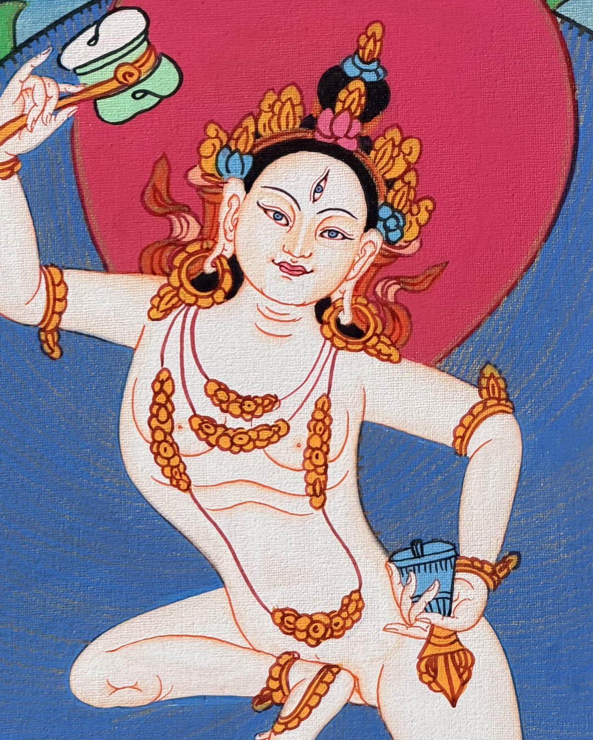 Machig Labdron Thangka Painting with Silk Brocade, Hand-Painted Tibetan Chod Master Buddhist Art