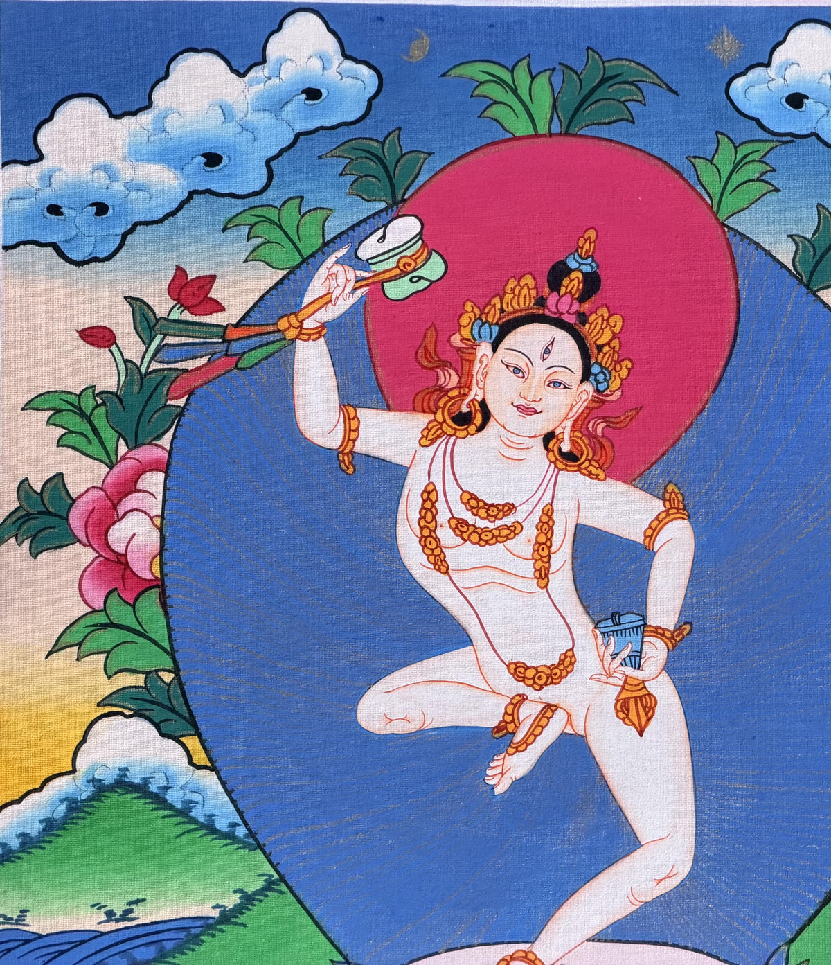 Machig Labdron Thangka Painting with Silk Brocade, Hand-Painted Tibetan Chod Master Buddhist Art