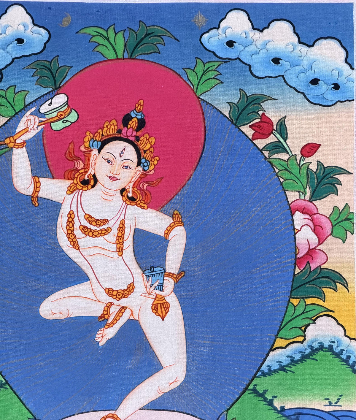 Machig Labdron Thangka Painting with Silk Brocade, Hand-Painted Tibetan Chod Master Buddhist Art