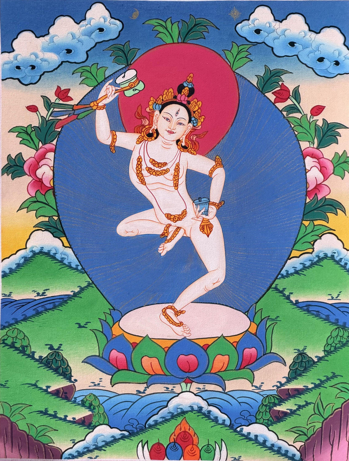 Machig Labdron Thangka Painting with Silk Brocade, Hand-Painted Tibetan Chod Master Buddhist Art