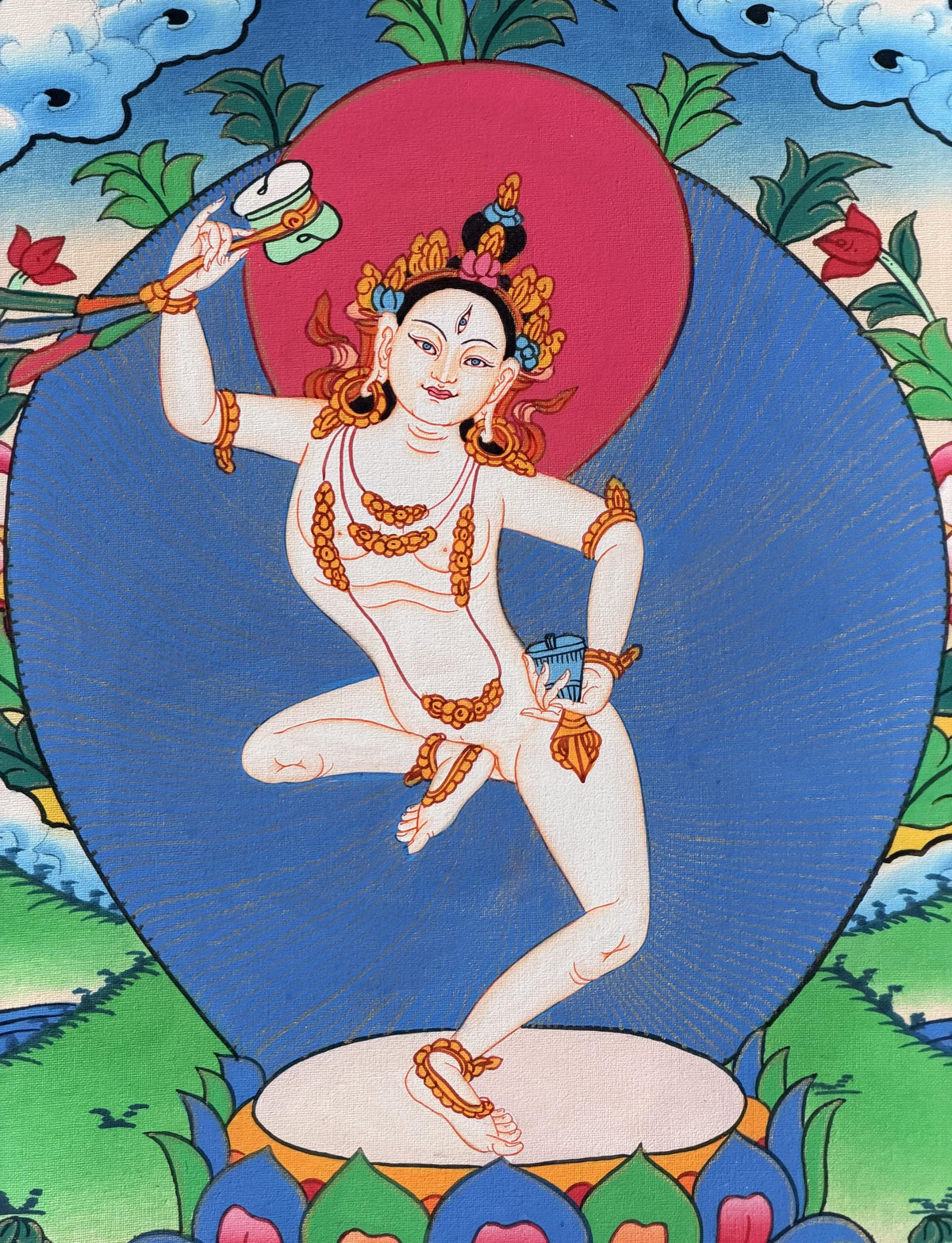 Machig Labdron Thangka Painting with Silk Brocade, Hand-Painted Tibetan Chod Master Buddhist Art