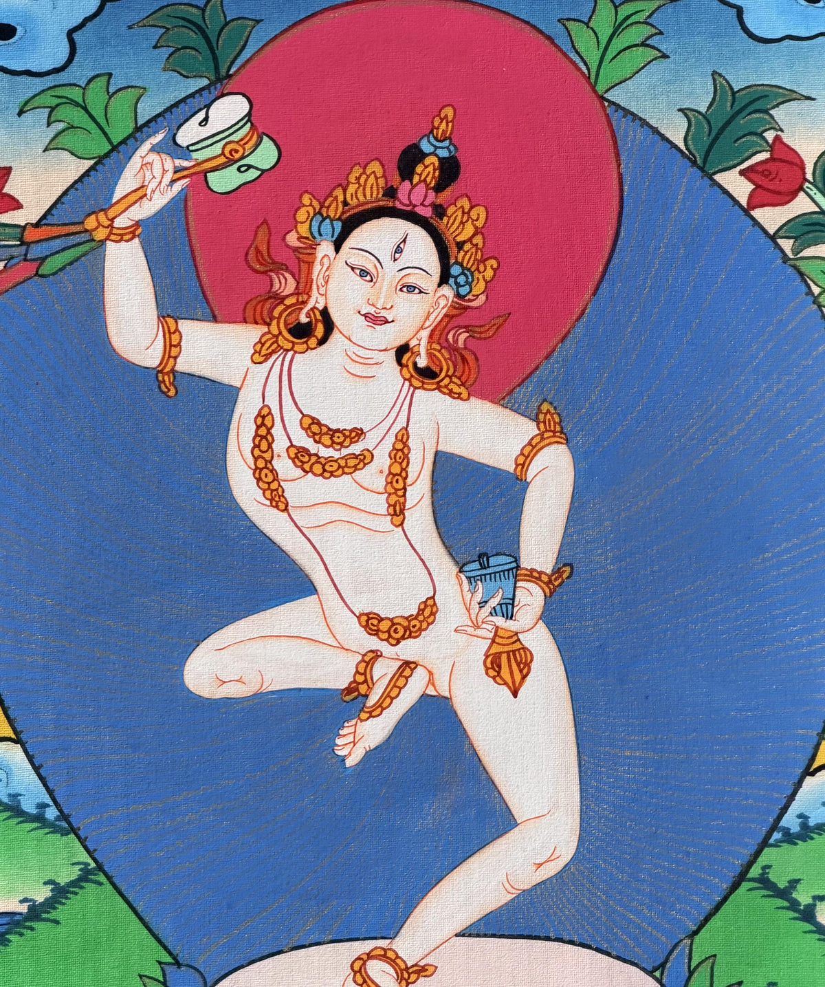 Machig Labdron Thangka Painting with Silk Brocade, Hand-Painted Tibetan Chod Master Buddhist Art