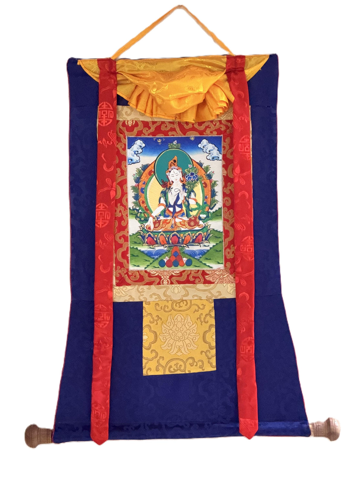 White Tara Thangka with Silk Brocade | Hand-Painted Tibetan Buddhist Longevity and Healing Art