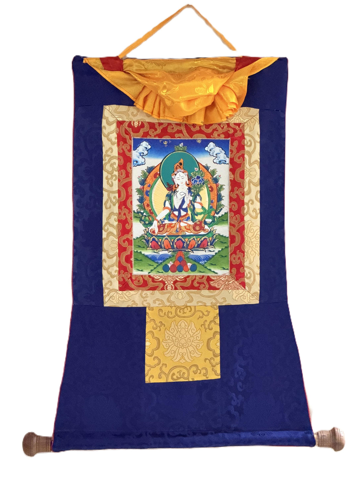 White Tara Thangka with Silk Brocade | Hand-Painted Tibetan Buddhist Longevity and Healing Art