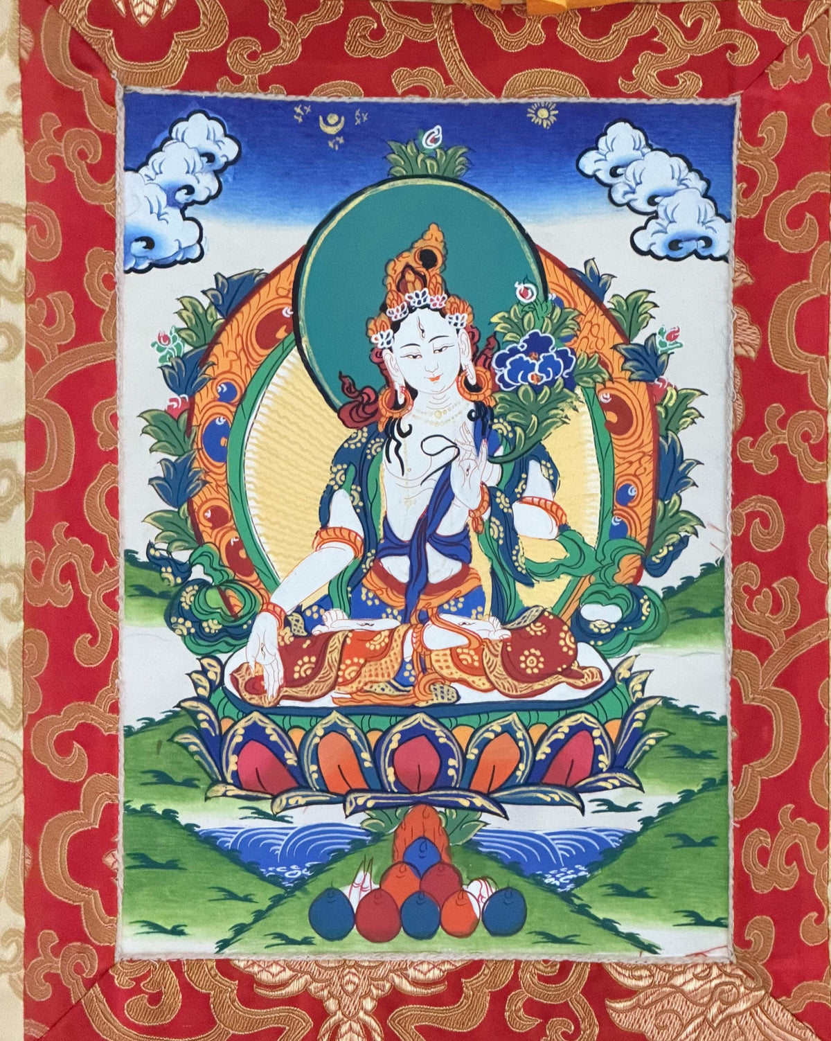 White Tara Thangka with Silk Brocade | Hand-Painted Tibetan Buddhist Longevity and Healing Art