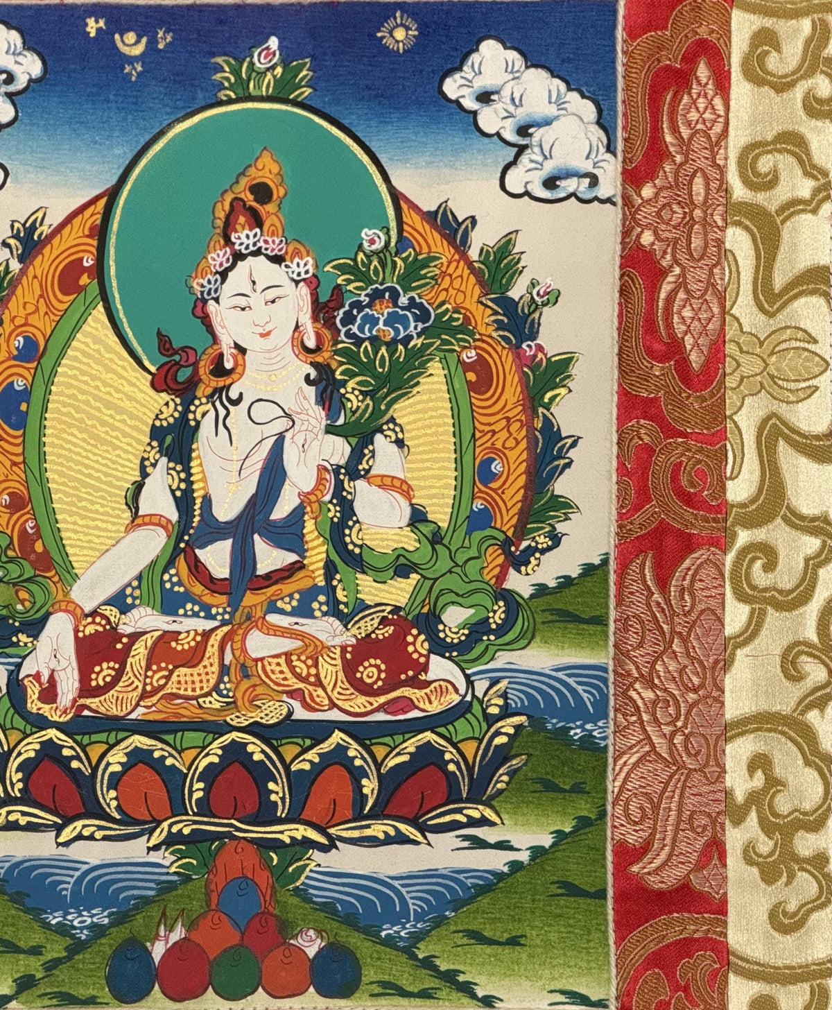 White Tara Thangka with Silk Brocade | Hand-Painted Tibetan Buddhist Longevity and Healing Art