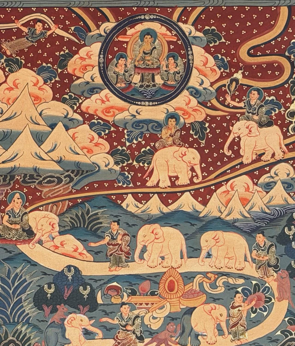 Samatha Meditation Thangka | Nine Stages of Elephant Path | Hand Painted Tibetan Buddhist Art