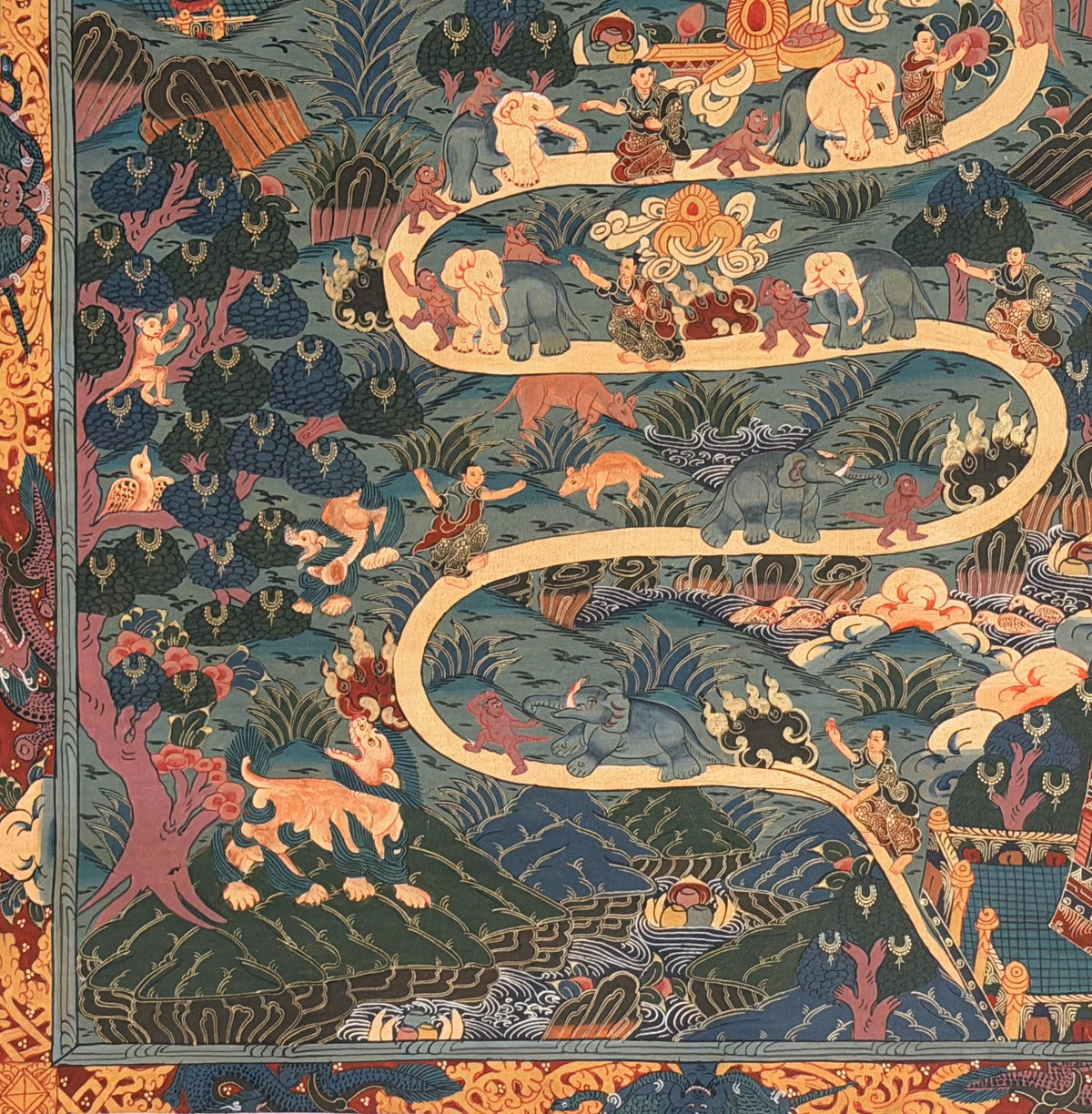 Samatha Meditation Thangka | Nine Stages of Elephant Path | Hand Painted Tibetan Buddhist Art