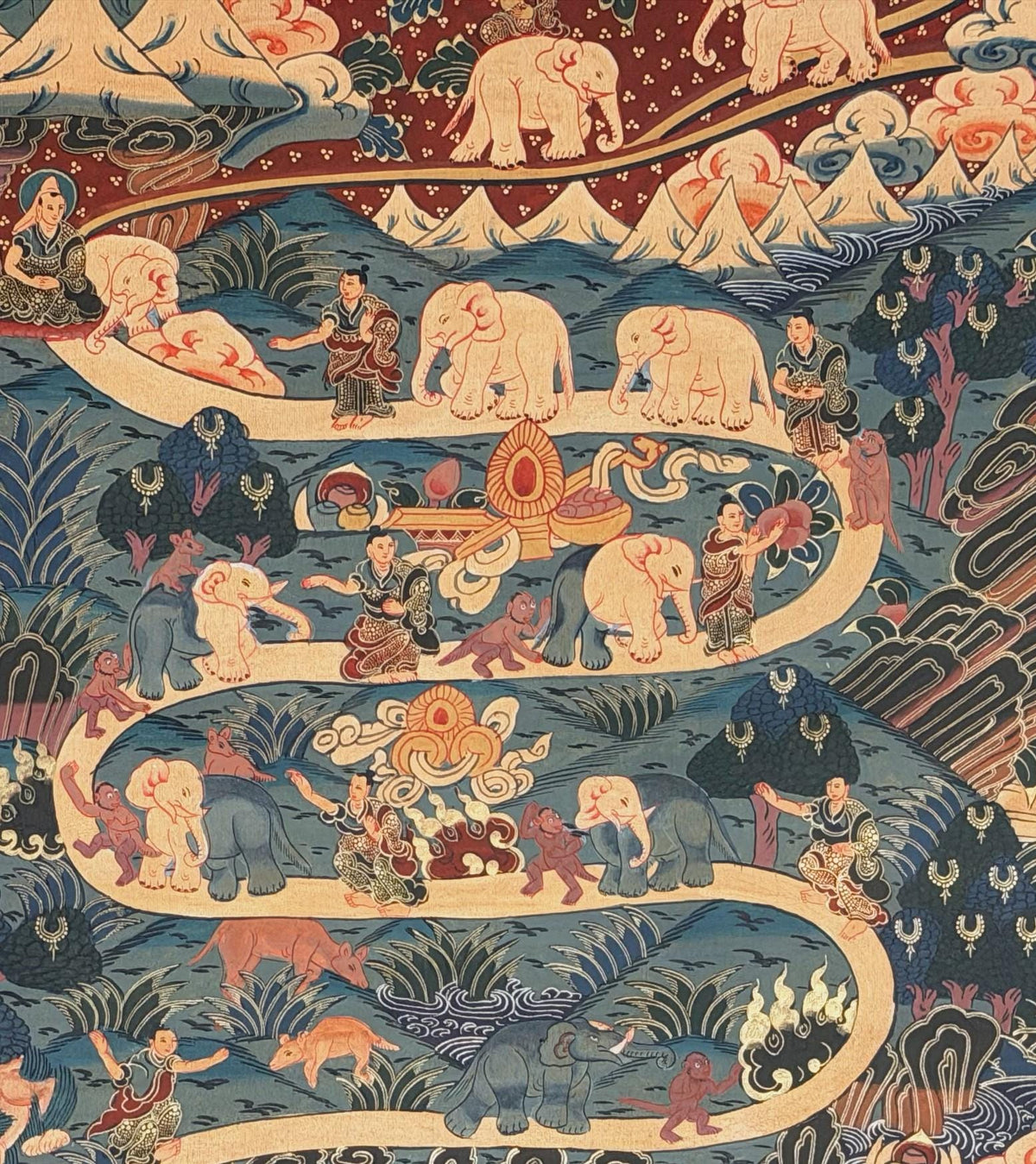 Samatha Meditation Thangka | Nine Stages of Elephant Path | Hand Painted Tibetan Buddhist Art