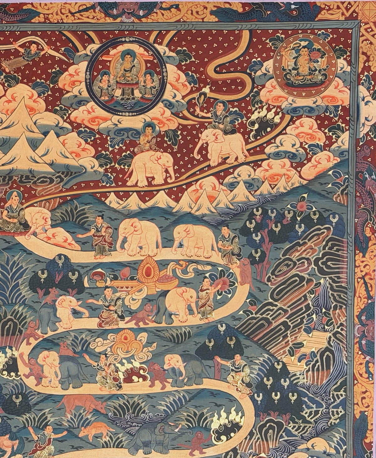 Samatha Meditation Thangka | Nine Stages of Elephant Path | Hand Painted Tibetan Buddhist Art