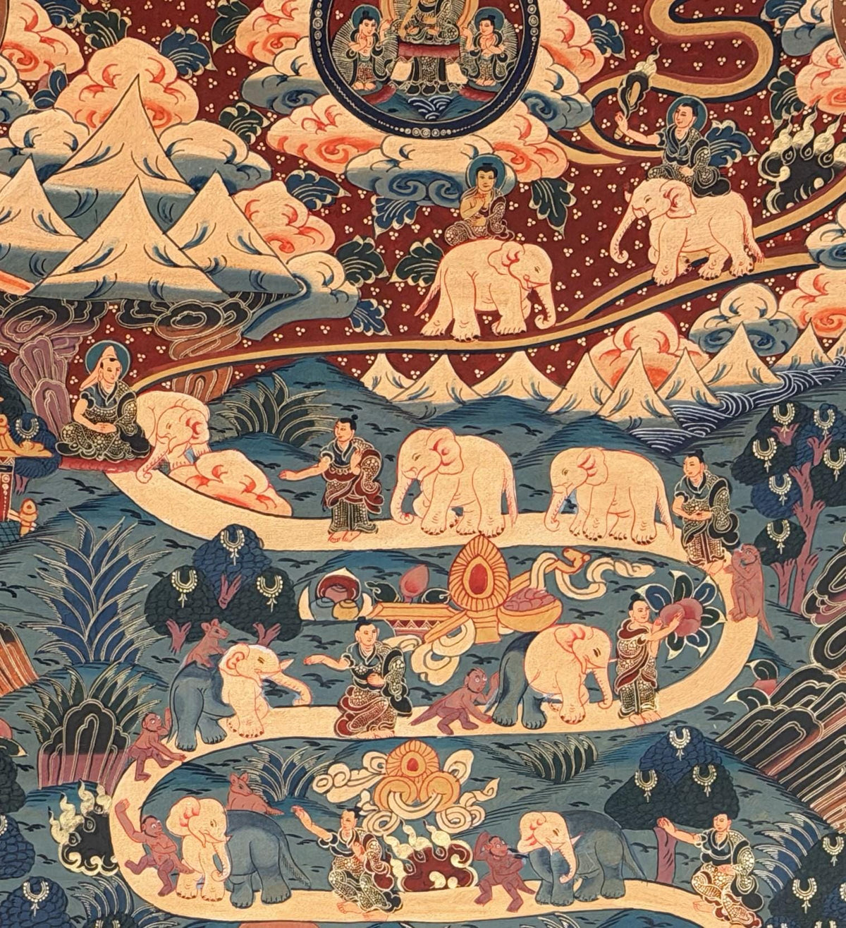 Samatha Meditation Thangka | Nine Stages of Elephant Path | Hand Painted Tibetan Buddhist Art