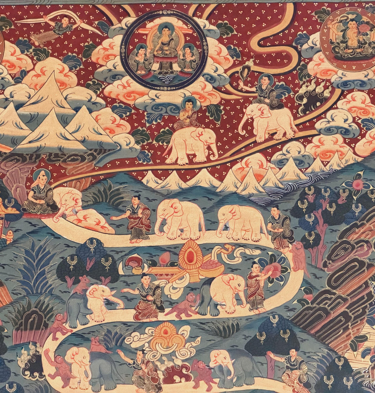 Samatha Meditation Thangka | Nine Stages of Elephant Path | Hand Painted Tibetan Buddhist Art