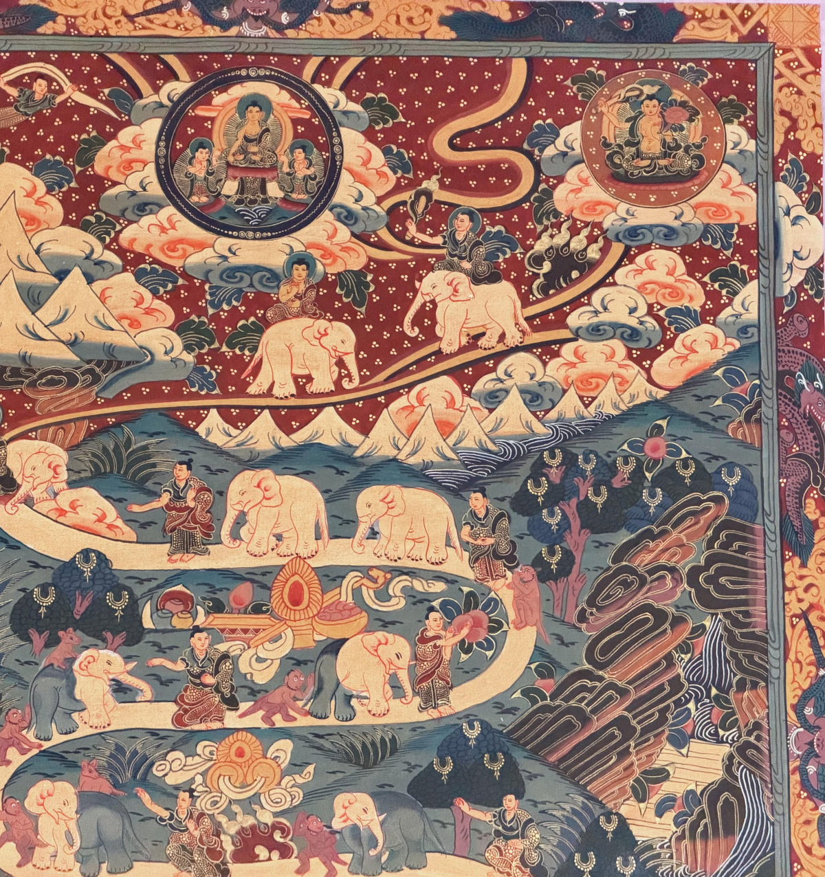 Samatha Meditation Thangka | Nine Stages of Elephant Path | Hand Painted Tibetan Buddhist Art