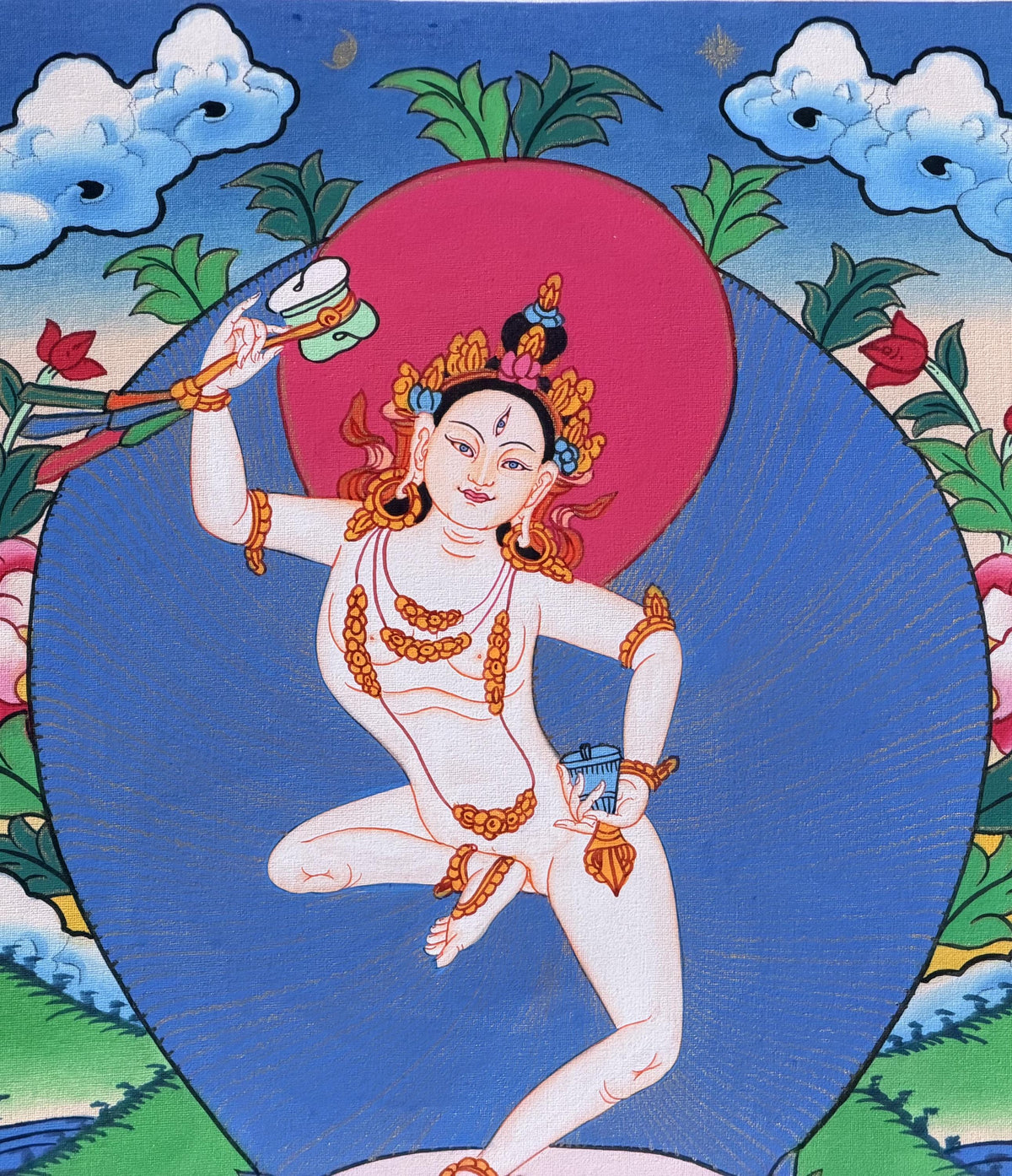 Machig Labdron Thangka Painting with Silk Brocade, Hand-Painted Tibetan Chod Master Buddhist Art