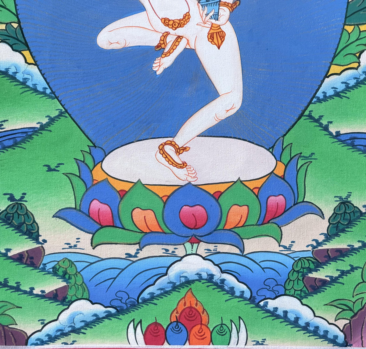 Machig Labdron Thangka Painting with Silk Brocade, Hand-Painted Tibetan Chod Master Buddhist Art