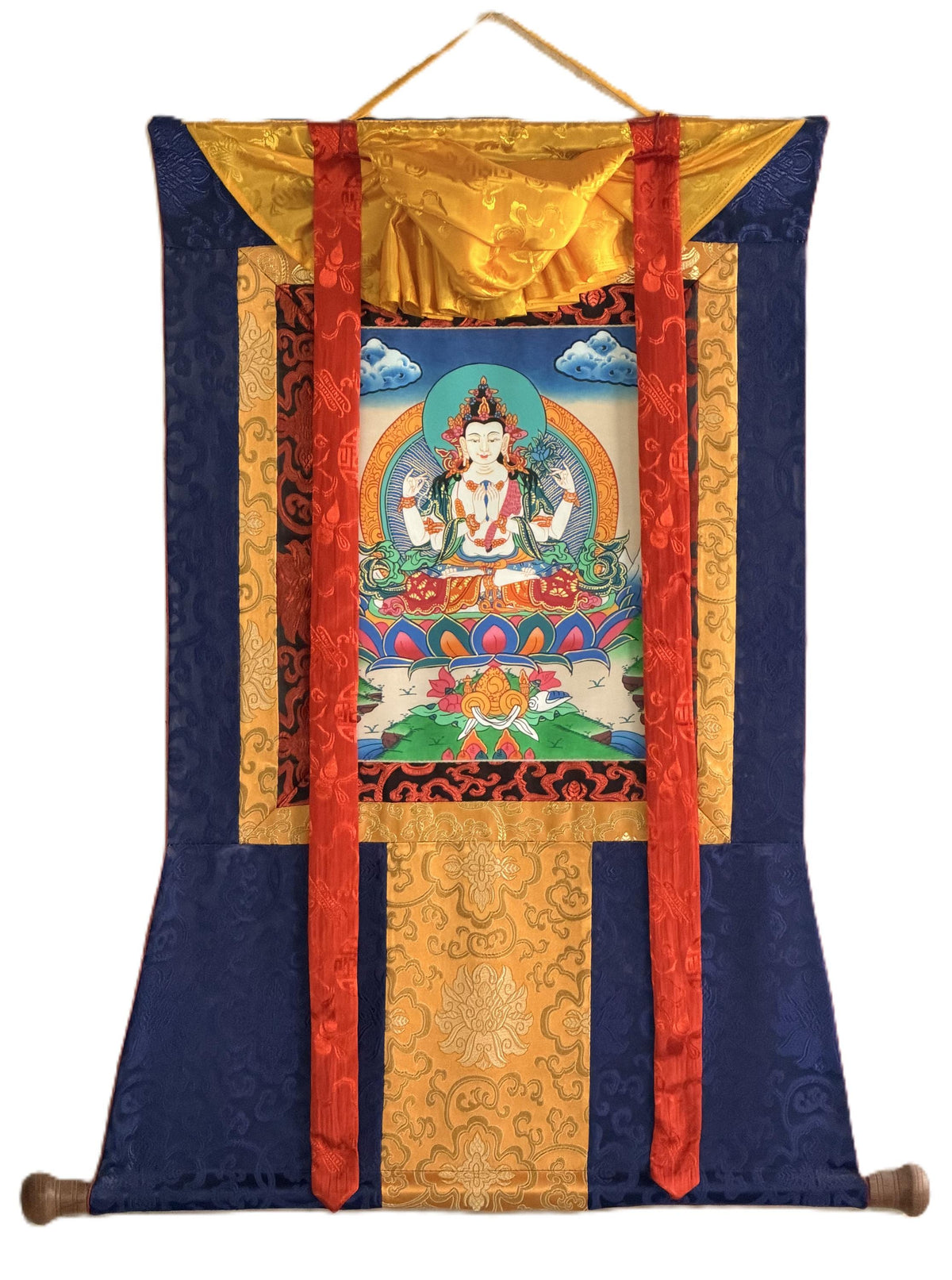Four-Armed Avalokiteshvara Thangka with Silk Brocade | Chenrezig Tibetan Buddhist Compassion Art | Hand-Painted in Nepal