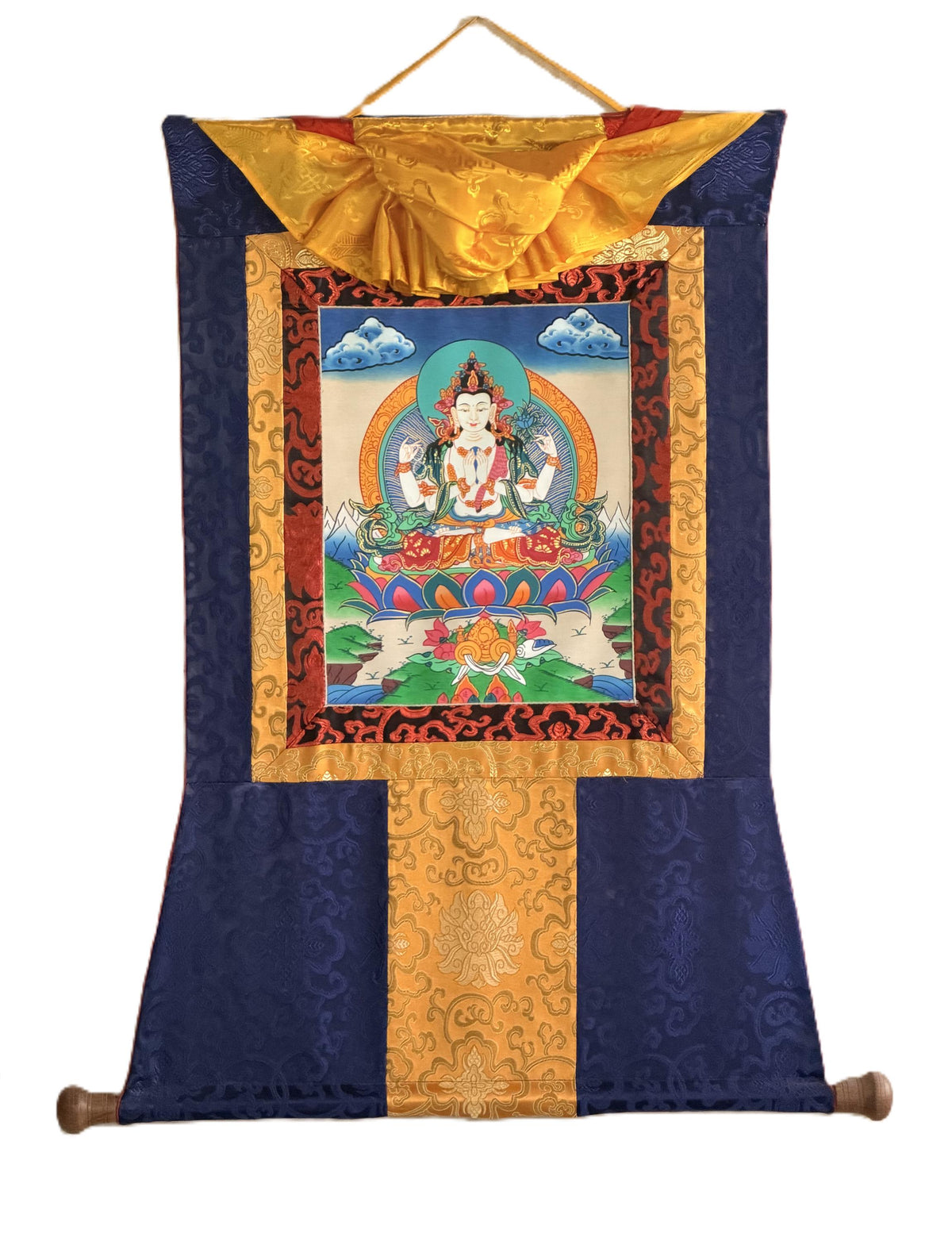 Four-Armed Avalokiteshvara Thangka with Silk Brocade | Chenrezig Tibetan Buddhist Compassion Art | Hand-Painted in Nepal