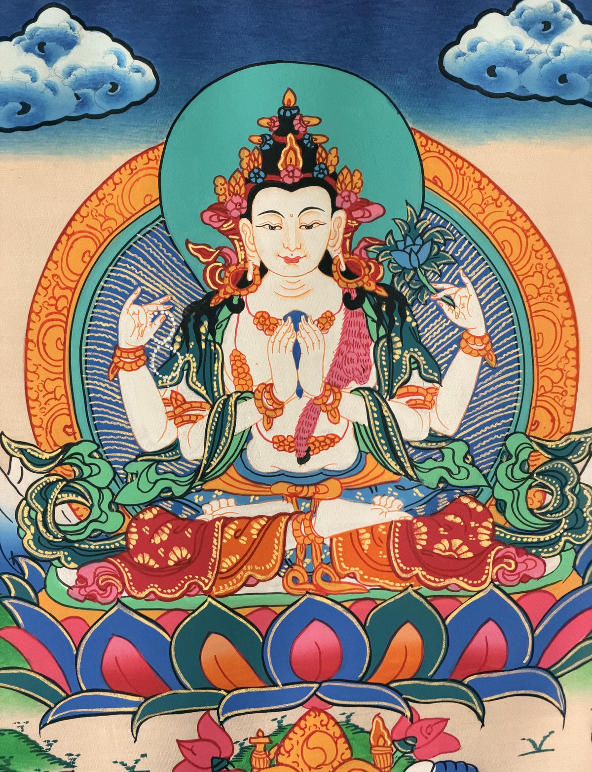 Four-Armed Avalokiteshvara Thangka with Silk Brocade | Chenrezig Tibetan Buddhist Compassion Art | Hand-Painted in Nepal
