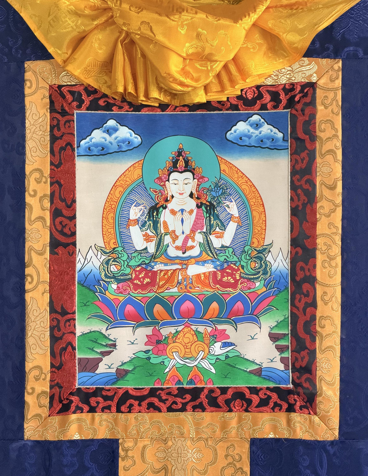 Four-Armed Avalokiteshvara Thangka with Silk Brocade | Chenrezig Tibetan Buddhist Compassion Art | Hand-Painted in Nepal