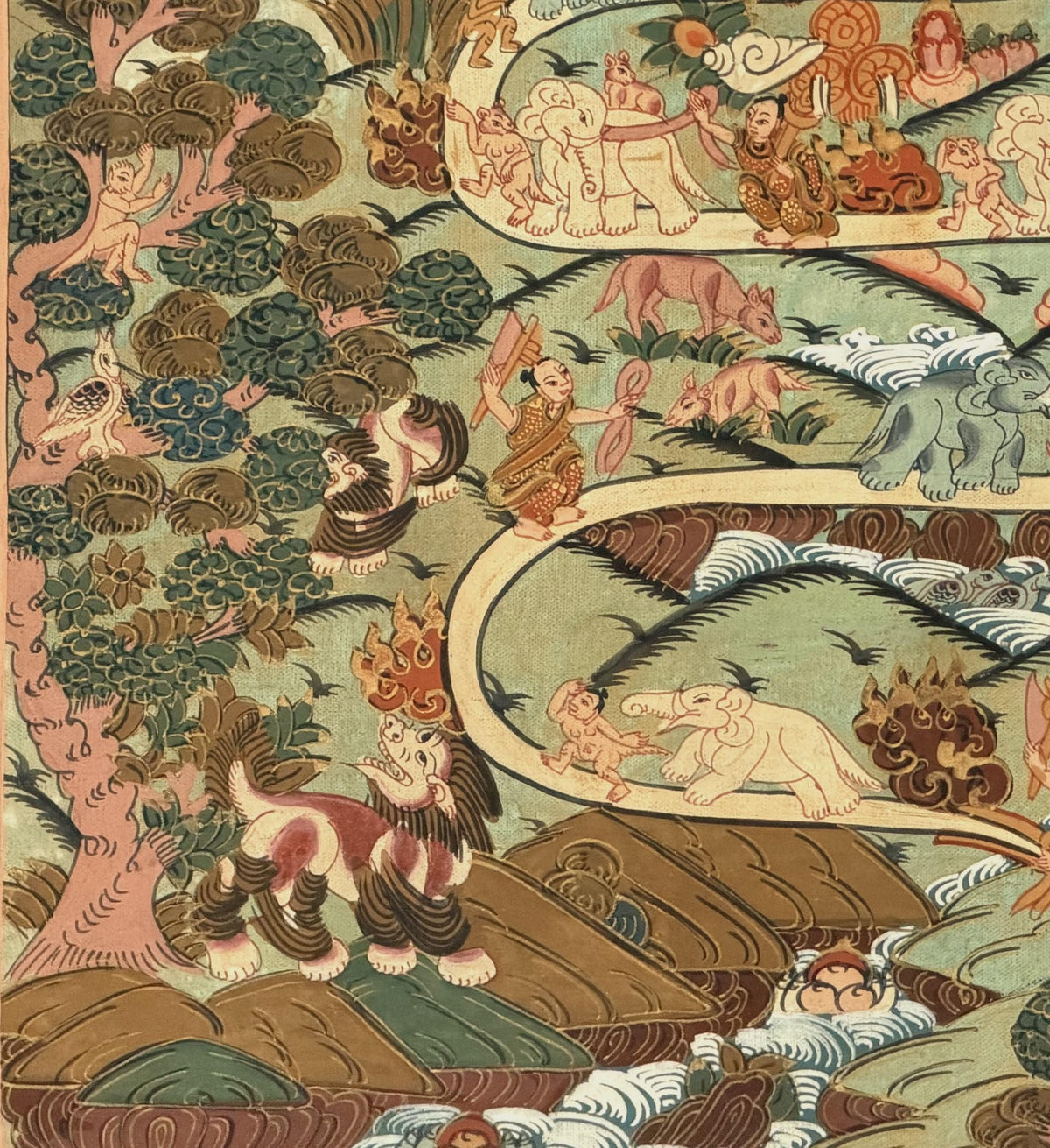 Samatha Meditation Thangka | Nine Stages Elephant Path | Hand-Painted Tibetan Buddhist Art | Silk Brocade