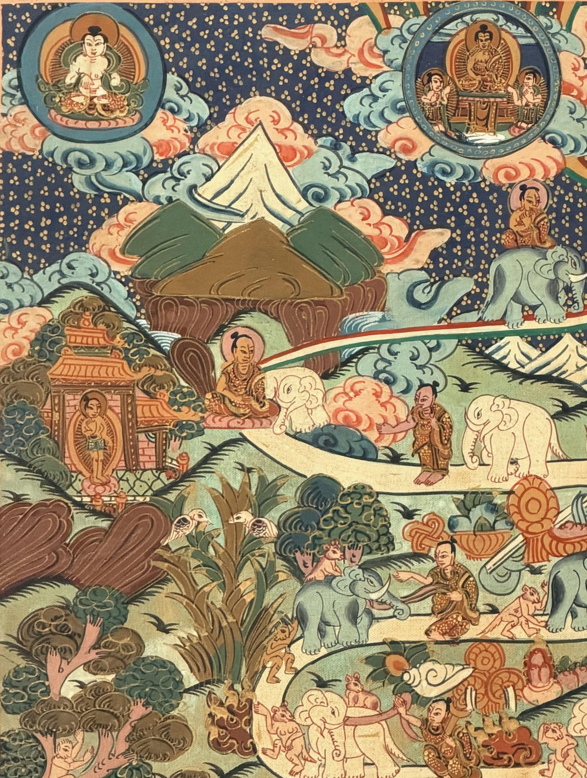 Samatha Meditation Thangka | Nine Stages Elephant Path | Hand-Painted Tibetan Buddhist Art | Silk Brocade