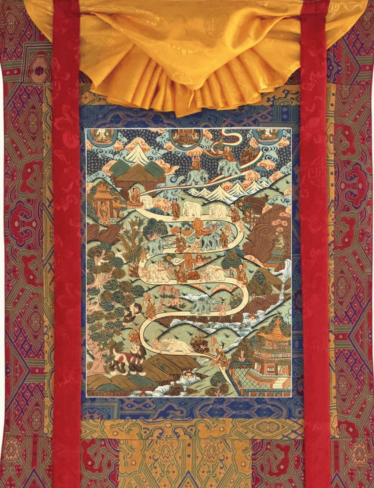 Samatha Meditation Thangka | Nine Stages Elephant Path | Hand-Painted Tibetan Buddhist Art | Silk Brocade