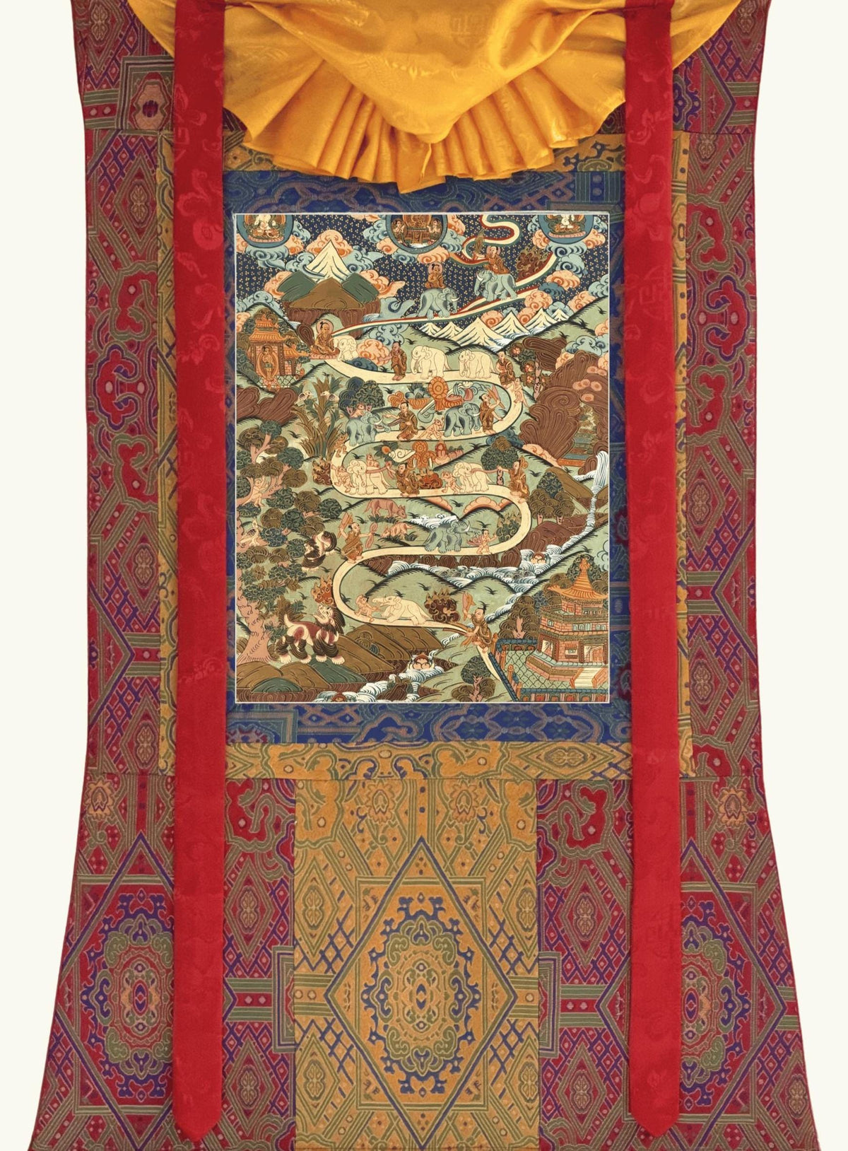 Samatha Meditation Thangka | Nine Stages Elephant Path | Hand-Painted Tibetan Buddhist Art | Silk Brocade