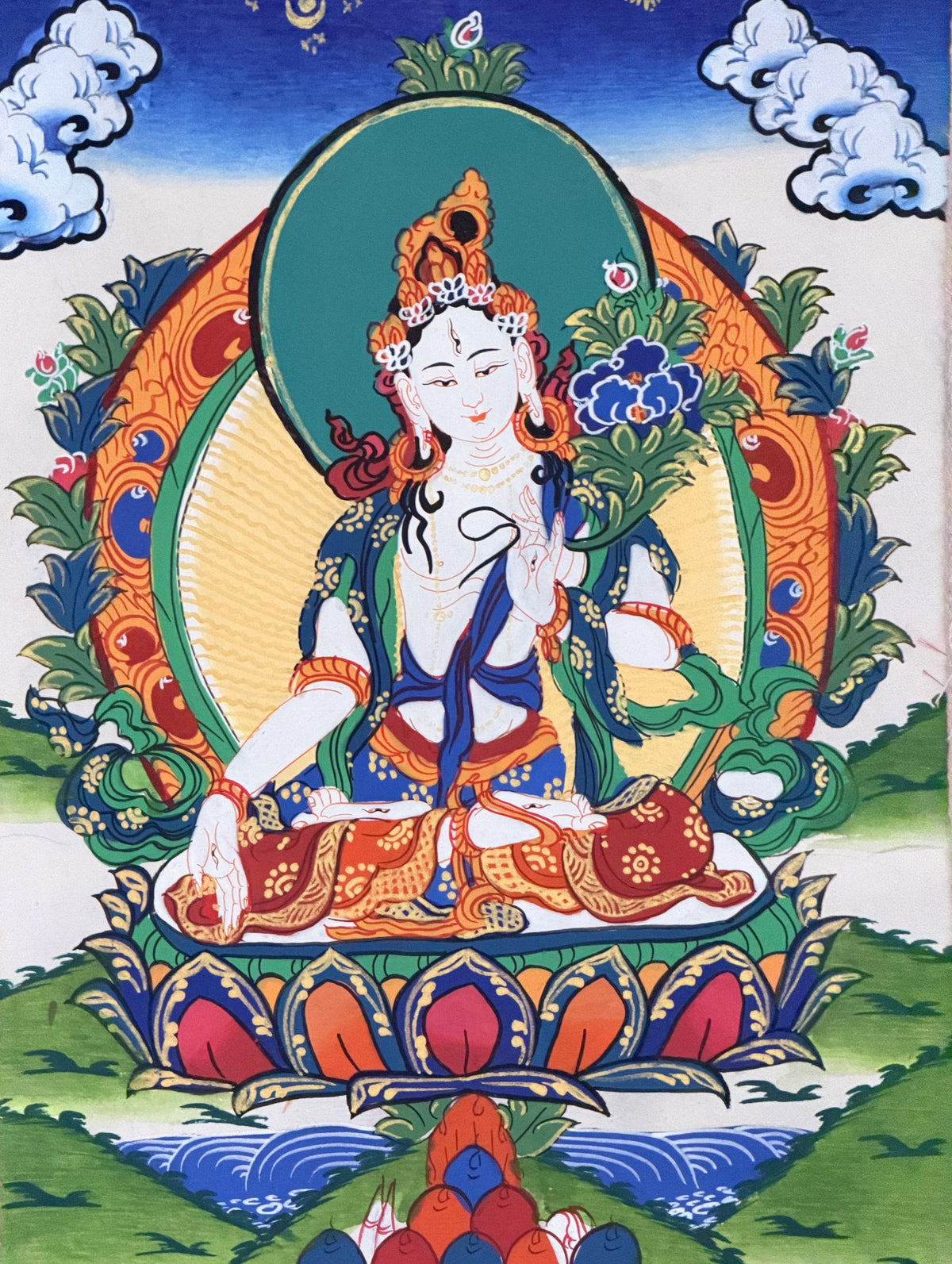 White Tara Thangka with Silk Brocade | Hand-Painted Tibetan Buddhist Longevity and Healing Art