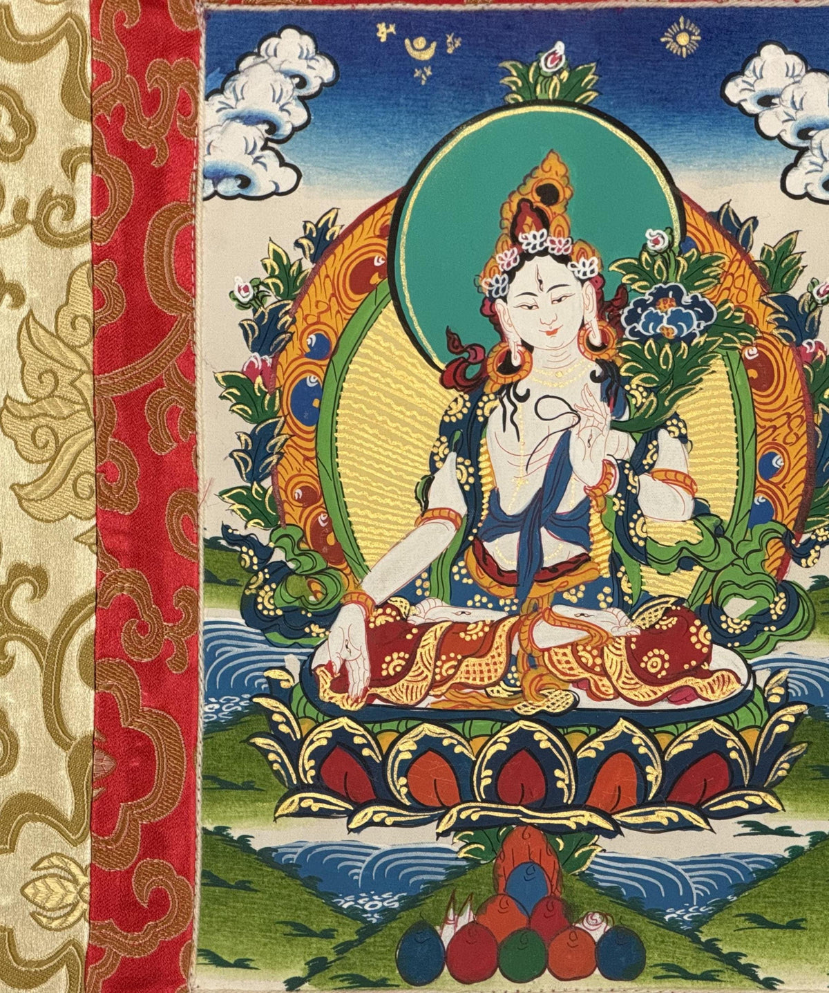 White Tara Thangka with Silk Brocade | Hand-Painted Tibetan Buddhist Longevity and Healing Art