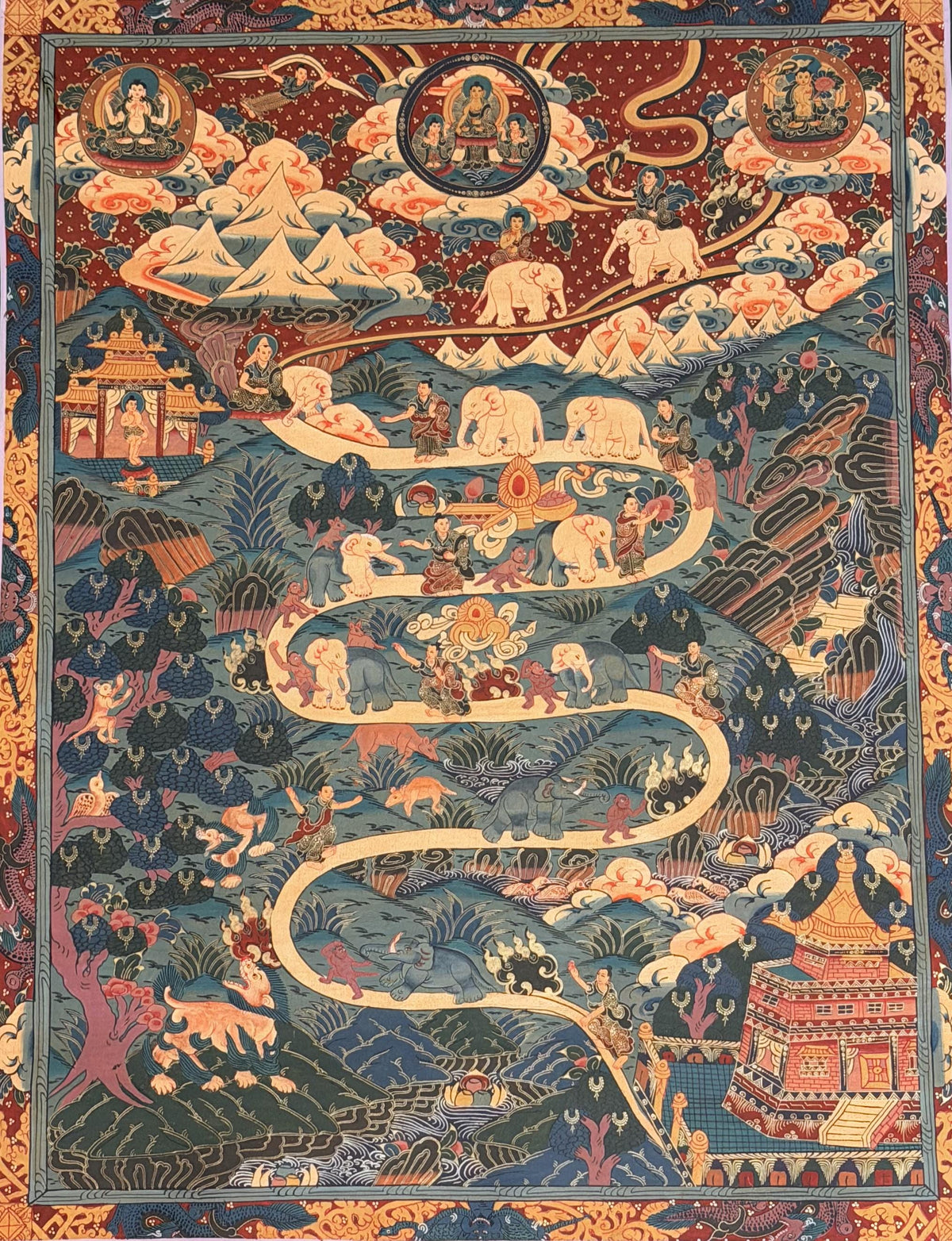 Samatha Meditation Thangka | Nine Stages of Elephant Path | Hand Painted Tibetan Buddhist Art