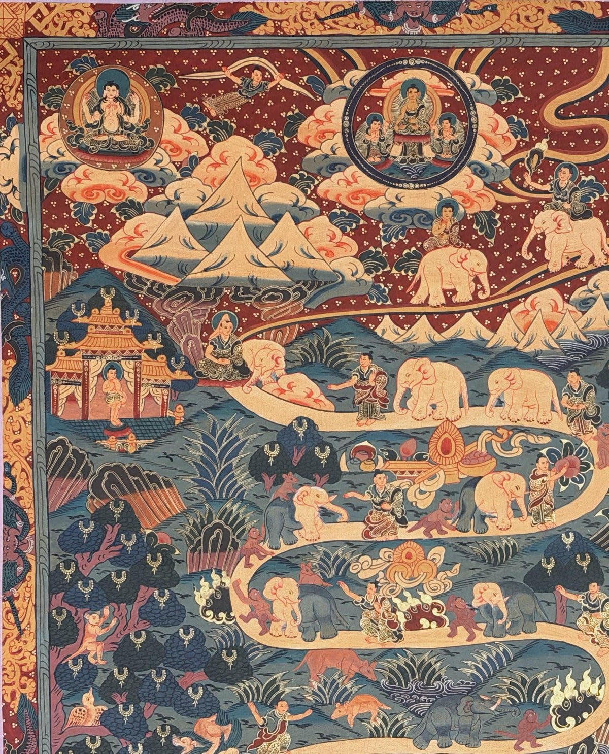 Samatha Meditation Thangka | Nine Stages of Elephant Path | Hand Painted Tibetan Buddhist Art