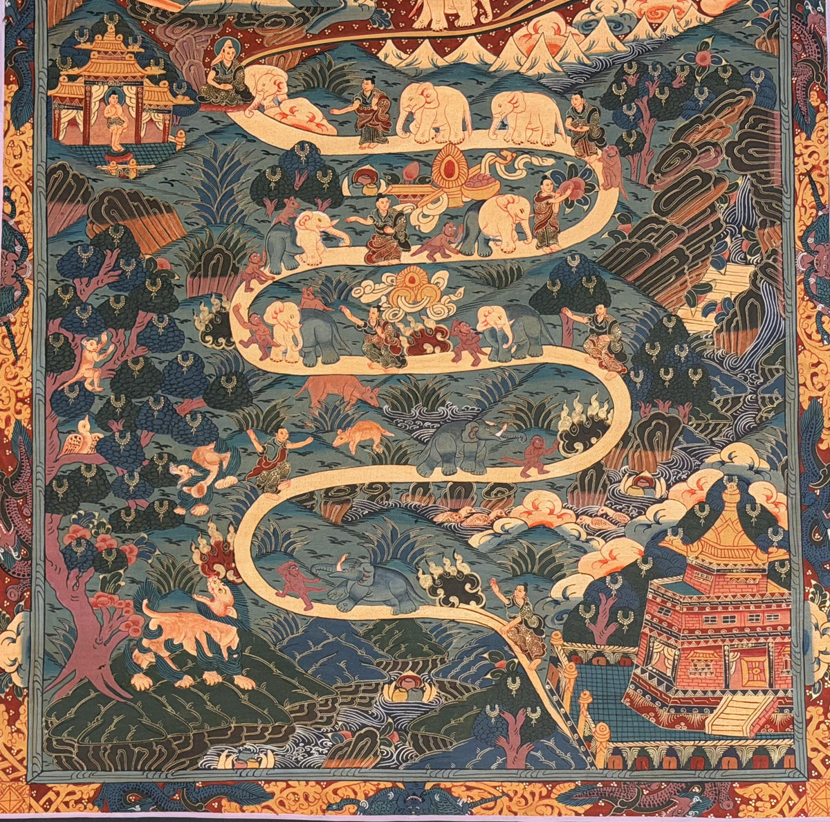 Samatha Meditation Thangka | Nine Stages of Elephant Path | Hand Painted Tibetan Buddhist Art