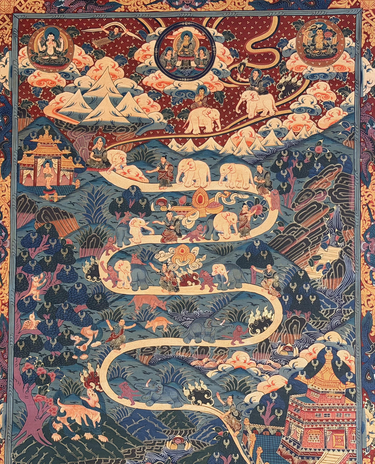 Samatha Meditation Thangka | Nine Stages of Elephant Path | Hand Painted Tibetan Buddhist Art