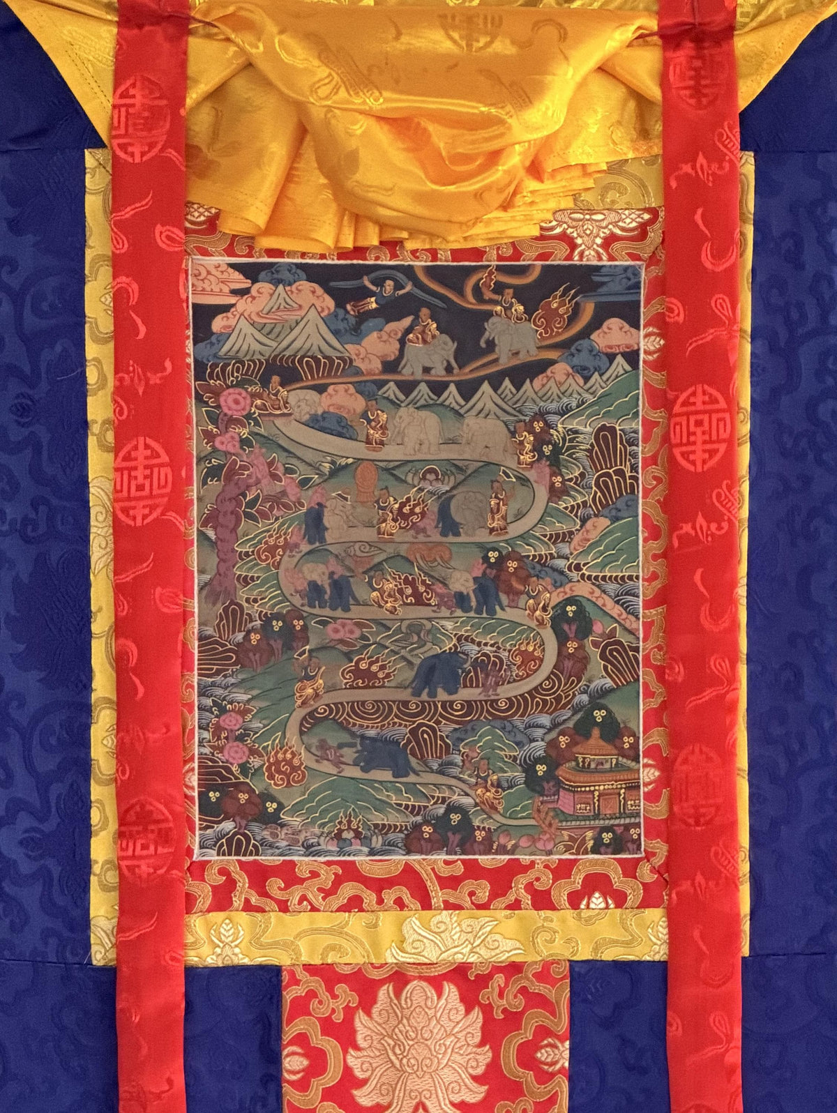 Nine Stages Samatha Meditation, Elephant Path Mind Training, Tibetan Thangka Painting with Silk Brocade